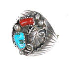 sz9.5 1970's Navajo sterling silver, turquoise, coral ornate feather ring - Estate Fresh Austin
