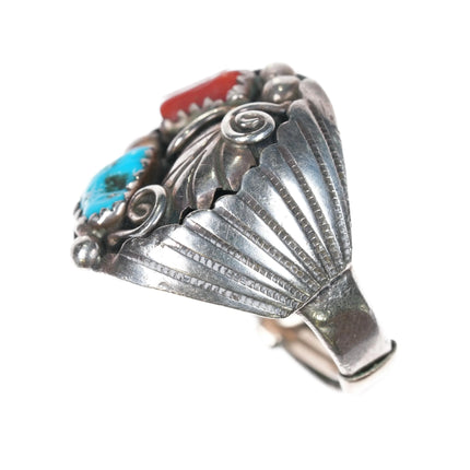 sz9.5 1970's Navajo sterling silver, turquoise, coral ornate feather ring - Estate Fresh Austin