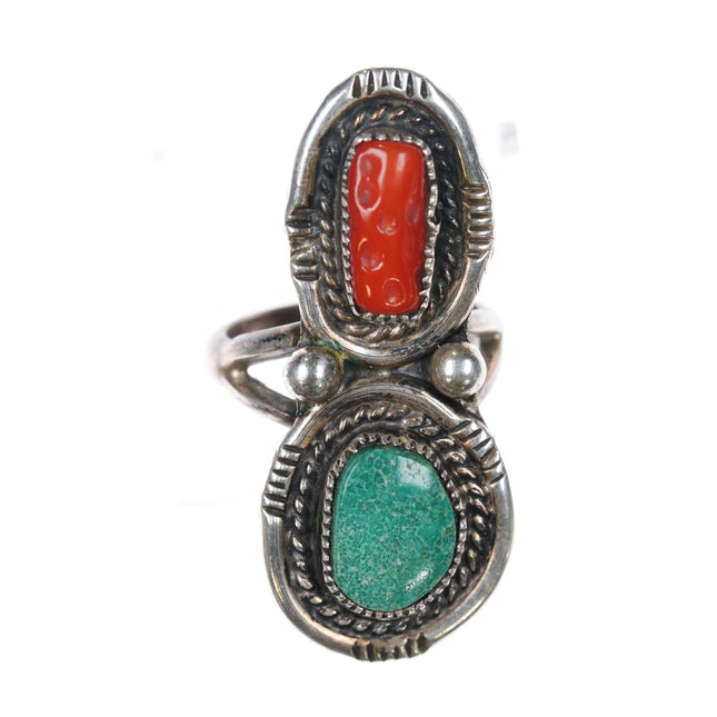 sz6.5 1970's Navajo sterling silver double stone turquoise and coral ring - Estate Fresh Austin