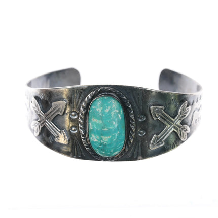 6.375" c1940's Fred Harvey Snakes and arrows sterling cuff bracelet w/turquoise - Estate Fresh Austin