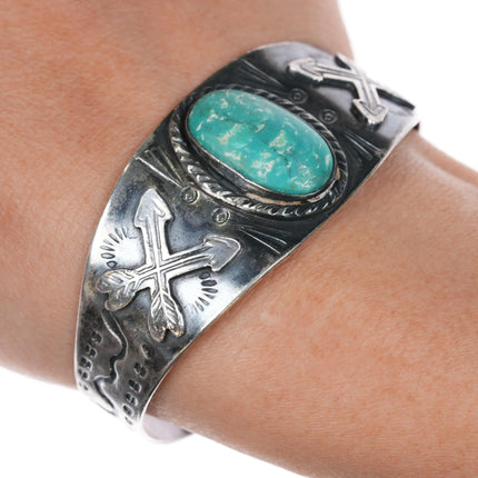 6.375" c1940's Fred Harvey Snakes and arrows sterling cuff bracelet w/turquoise - Estate Fresh Austin