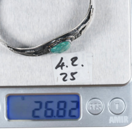 6.375" c1940's Fred Harvey Snakes and arrows sterling cuff bracelet w/turquoise - Estate Fresh Austin