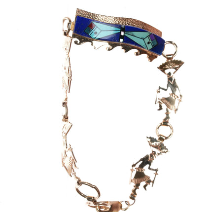7.75" Herman Hoskie Navajo 14k gold Ghan Dancer turquoise/lapis inlay bracelet - Estate Fresh Austin