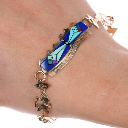 7.75" Herman Hoskie Navajo 14k gold Ghan Dancer turquoise/lapis inlay bracelet - Estate Fresh Austin
