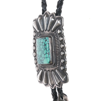 Harry Morgan Navajo sterling silver deep stamped bolo tie w/ turquoise - Estate Fresh Austin