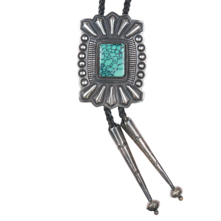 Harry Morgan Navajo sterling silver deep stamped bolo tie w/ turquoise - Estate Fresh Austin