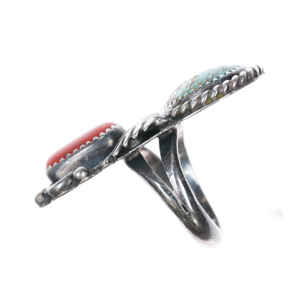 sz7 Orville Tsinnie Navajo sterling silver, coral red web Kingman turquoise ring - Estate Fresh Austin