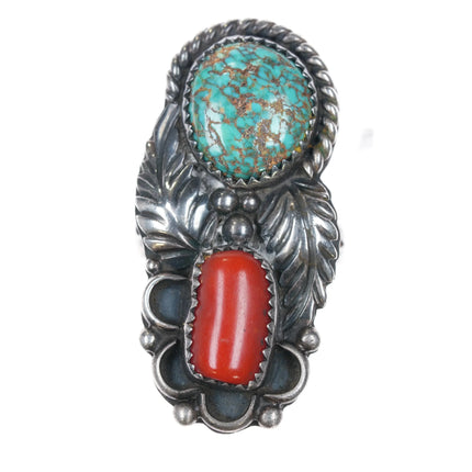 sz7 Orville Tsinnie Navajo sterling silver, coral red web Kingman turquoise ring - Estate Fresh Austin