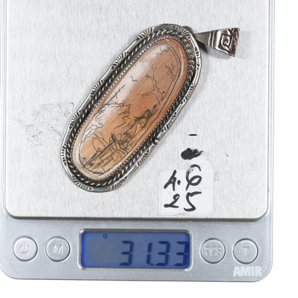 CL Navajo sterling silver carved fossil pendant signed MCF - Estate Fresh Austin