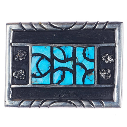 Vintage Southwestern Sterling silver Kingman Turquoise inlay belt buckle - Estate Fresh Austin