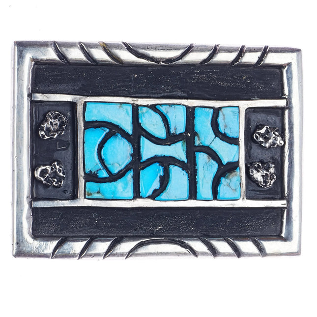 Vintage Southwestern Sterling silver Kingman Turquoise inlay belt buckle - Estate Fresh Austin
