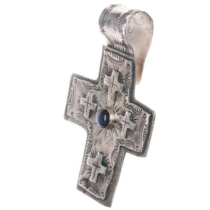 Huge 90's LB Southwestern hand stamped sterling silver labradorite cross pendant - Estate Fresh Austin