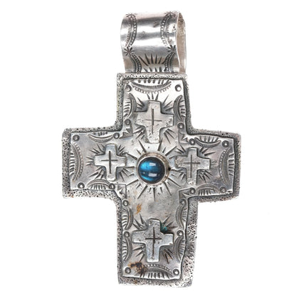 Huge 90's LB Southwestern hand stamped sterling silver labradorite cross pendant - Estate Fresh Austin