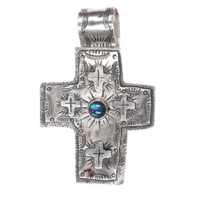 Huge 90's LB Southwestern hand stamped sterling silver labradorite cross pendant - Estate Fresh Austin