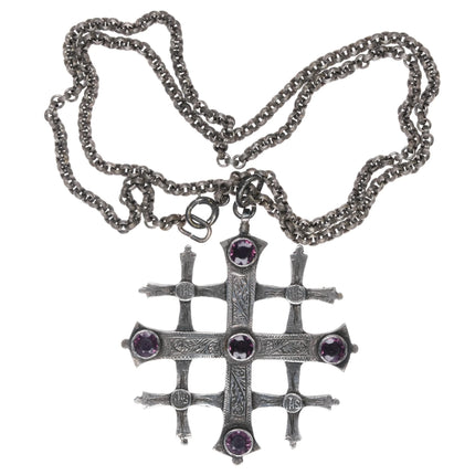 Antique Sterling silver Hand engraved Amethyst Jeruselum cross pendant necklace - Estate Fresh Austin