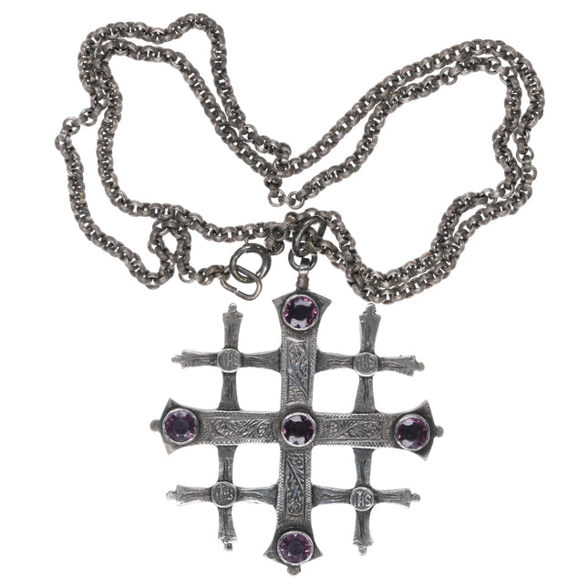 Antique Sterling silver Hand engraved Amethyst Jeruselum cross pendant necklace - Estate Fresh Austin
