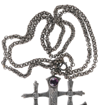 Antique Sterling silver Hand engraved Amethyst Jeruselum cross pendant necklace - Estate Fresh Austin