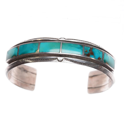6.5" 40's-50's Navajo high grade turquoise inlay stamped sterling cuff bracelet - Estate Fresh Austin
