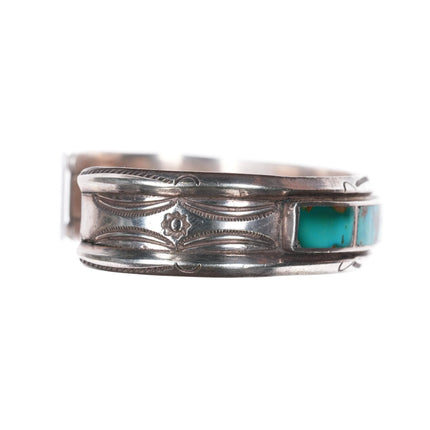 6.5" 40's-50's Navajo high grade turquoise inlay stamped sterling cuff bracelet - Estate Fresh Austin