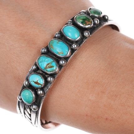 6.87" 20's-30's Navajo ingot silver turquoise row cuff bracelet w/ twisted wire - Estate Fresh Austin