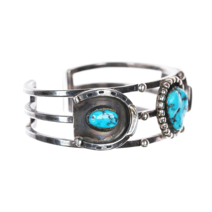 6.8" Vintage Navajo sterling silver cuff bracelet w/ horseshoe bezels turquoise - Estate Fresh Austin