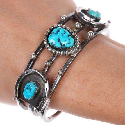6.8" Vintage Navajo sterling silver cuff bracelet w/ horseshoe bezels turquoise - Estate Fresh Austin