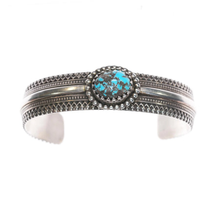 6.1" Southwestern sterling silver fancy cuff bracelet with nice turquoise - Estate Fresh Austin