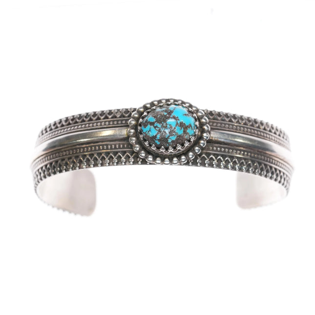 6.1" Southwestern sterling silver fancy cuff bracelet with nice turquoise - Estate Fresh Austin