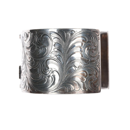 6.8" Vogt Hand Engraved sterling silver gold filled cross wide band cuff bracelet - Estate Fresh Austin