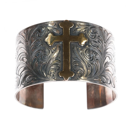 6.8" Vogt Hand Engraved sterling silver gold filled cross wide band cuff bracelet - Estate Fresh Austin