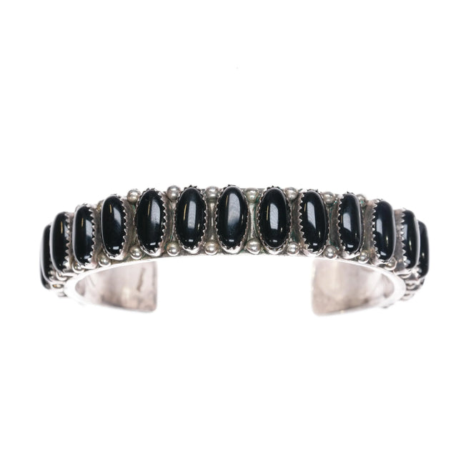 6.85" Vintage Navajo sterling silver onyx row cuff bracelet Interior stamping - Estate Fresh Austin
