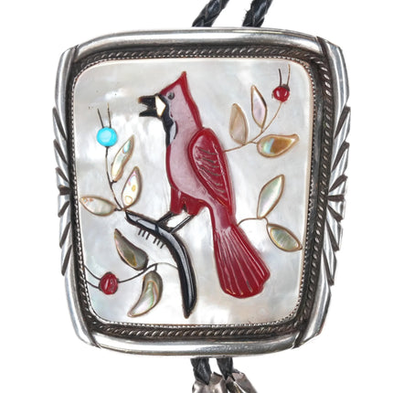 c1970 Large Tom Cowboy Zuni sterling cardinal redbird inlay bolo tie - Estate Fresh Austin