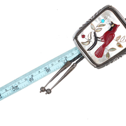 c1970 Large Tom Cowboy Zuni sterling cardinal redbird inlay bolo tie - Estate Fresh Austin