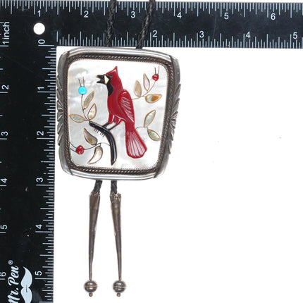 c1970 Large Tom Cowboy Zuni sterling cardinal redbird inlay bolo tie - Estate Fresh Austin