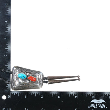 c1980 Navajo sterling silver turquoise, and coral bolo tie with leaf design - Estate Fresh Austin