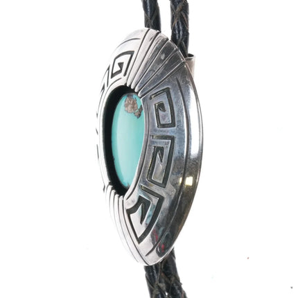 c1970 Thomas Nez Navajo sterling silver shadowbox bolo tie w/ Turquoise - Estate Fresh Austin