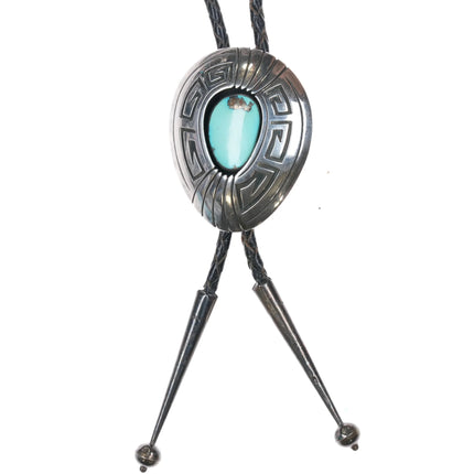 c1970 Thomas Nez Navajo sterling silver shadowbox bolo tie w/ Turquoise - Estate Fresh Austin