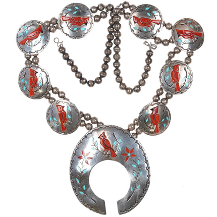 Harry Spencer Navajo sterling silver cardinal squash blossom necklace Redbirds - Estate Fresh Austin