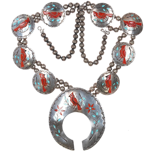 Harry Spencer Navajo sterling silver cardinal squash blossom necklace Redbirds - Estate Fresh Austin
