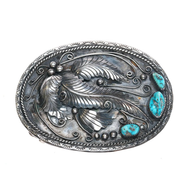 c1980 DT Navajo sterling silver belt buckle with feathers design 3 turquoise - Estate Fresh Austin