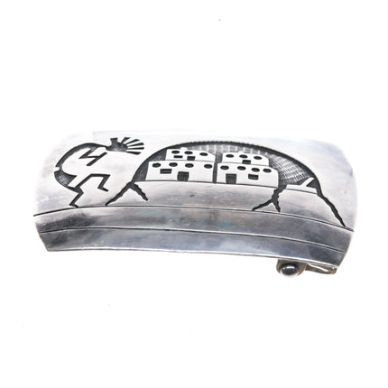 Mark Tawahongva Hopi Overlay Belt buckle w/ pueblos Kokopelli sterling silver - Estate Fresh Austin
