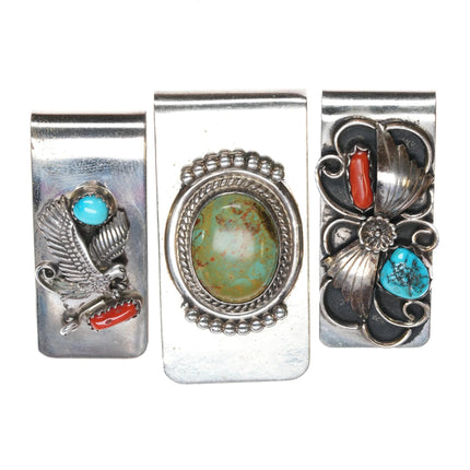 3 70's-80's Navajo sterling silver, turquoise, coral money clips - Estate Fresh Austin
