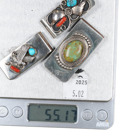 3 70's-80's Navajo sterling silver, turquoise, coral money clips - Estate Fresh Austin
