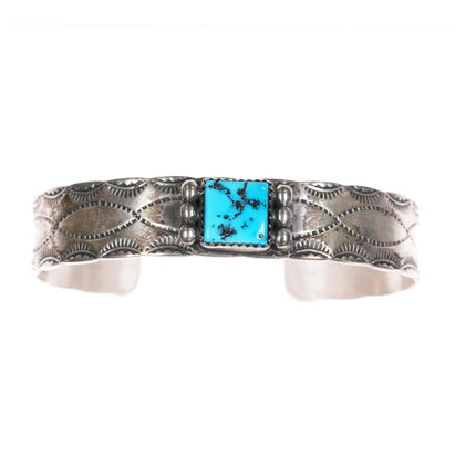 6.6" Vintage Navajo sterling silver Kingman turquoise hand stamped cuff bracelet - Estate Fresh Austin