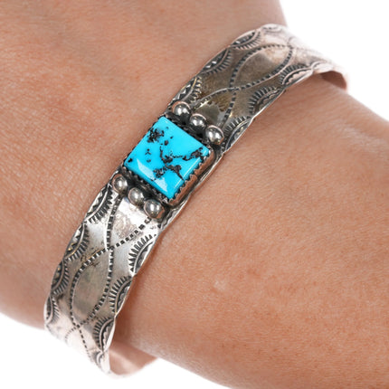 6.6" Vintage Navajo sterling silver Kingman turquoise hand stamped cuff bracelet - Estate Fresh Austin