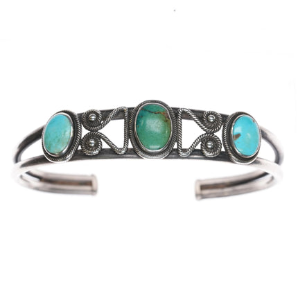 6.375" 20's-30's Navajo Ingot Silver 3 stone cuff bracelet w/nice twisted wire - Estate Fresh Austin