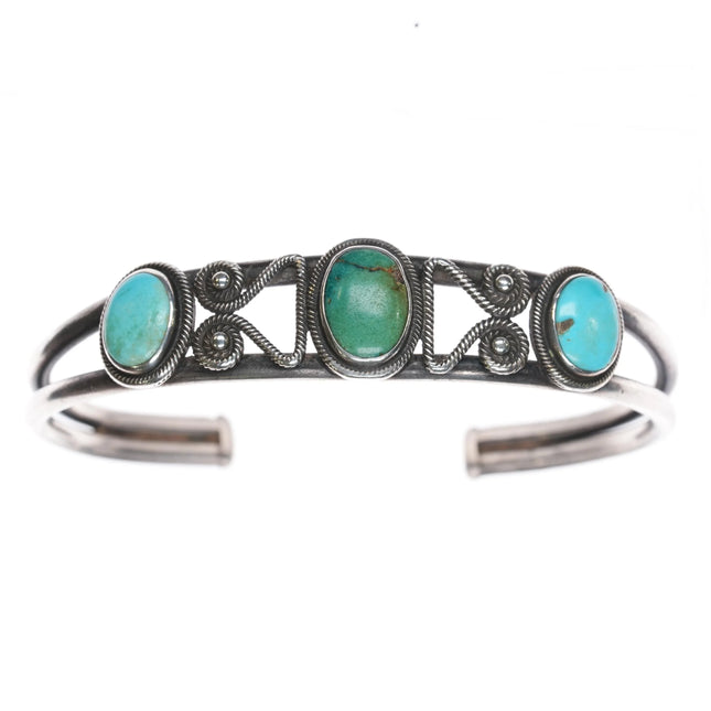 6.375" 20's-30's Navajo Ingot Silver 3 stone cuff bracelet w/nice twisted wire - Estate Fresh Austin