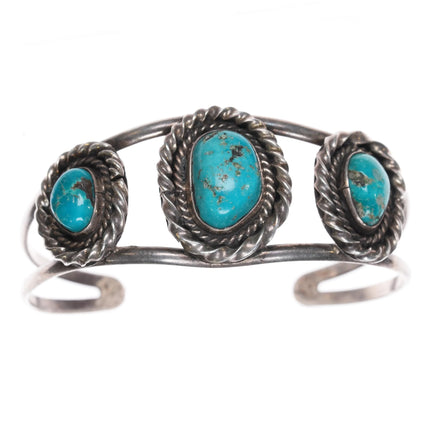 7.25" Vintage Navajo sterling silver twisted wire bezel turquoise cuff bracelet - Estate Fresh Austin
