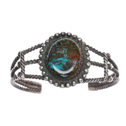 6 3/8" c1940's Navajo twisted sterling silver wire nice turquoise cuff bracelet - Estate Fresh Austin