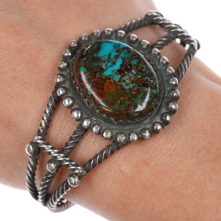 6 3/8" c1940's Navajo twisted sterling silver wire nice turquoise cuff bracelet - Estate Fresh Austin